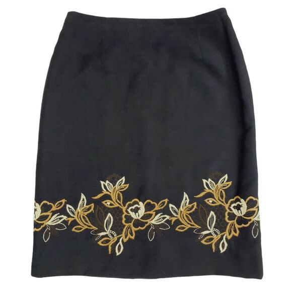 Alfani Velour Pencil Skirt 4P Black Floral‎ Embroidered Gold & Ivory Flowers - Picture 1 of 11